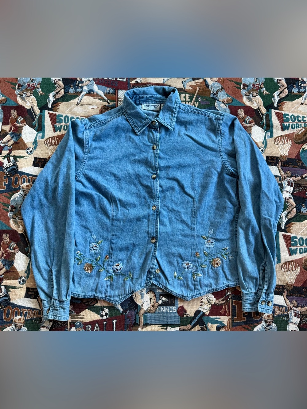 Vintage 90s Women’s Cabin Creek Blue Denim Button up Shirt With Floral Pattern
